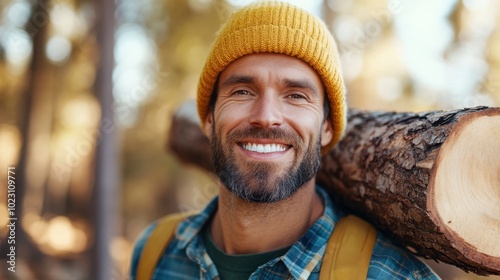 A cheerful man wearing a yellow beanie carries a large log over his shoulder while standing in a sunlit forest, evoking a sense of happiness and work ethic. photo