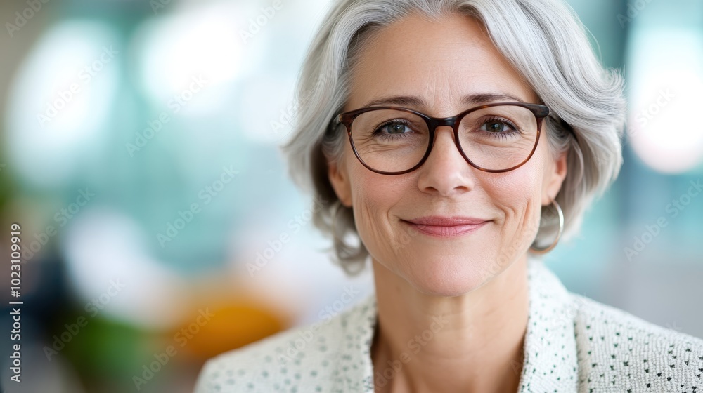 A poised woman with short gray hair and glasses smiles warmly in an indoor office setting, representing intelligence, calmness, and modern style. A poised woman with short gray hair and glasses smiles warmly in an indoor office setting, representing intelligence, calmness, and modern style.