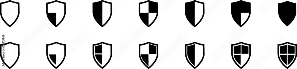 Shield icons set. Safety shield icons on white background. Concept of security and protection. Defense bagde, Securiry protect icons, signs collection. Vector Shield icons set. Safety shield icons on white background. Concept of security and protection. Defense bagde, Securiry protect icons, signs collection. Vector