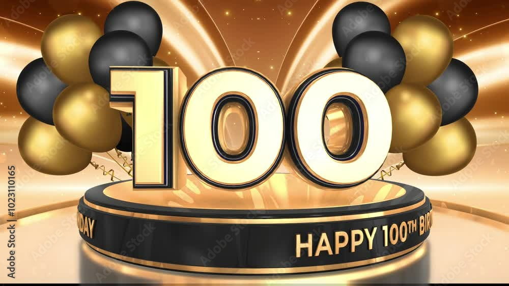100 years, 100th birthday loop, looped video background, backdrop in 3D Gold with balloons
