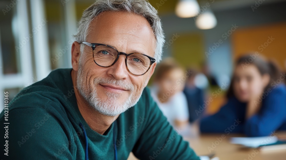 A middle-aged man with glasses, smiling warmly, sits at a table in a classroom-like environment, engaging with his surroundings, conveying a sense of friendliness and curiosity. A middle-aged man with glasses, smiling warmly, sits at a table in a classroom-like environment, engaging with his surroundings, conveying a sense of friendliness and curiosity.