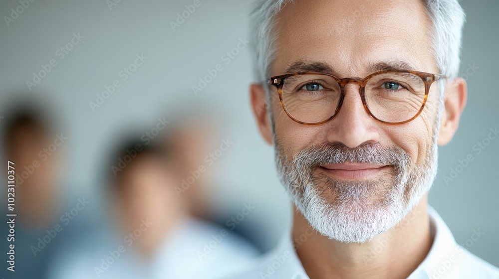 A close-up of a smiling man wearing glasses, exuding a sense of inner peace and wisdom, against a softly blurred background, indicating engagement and positivity.
