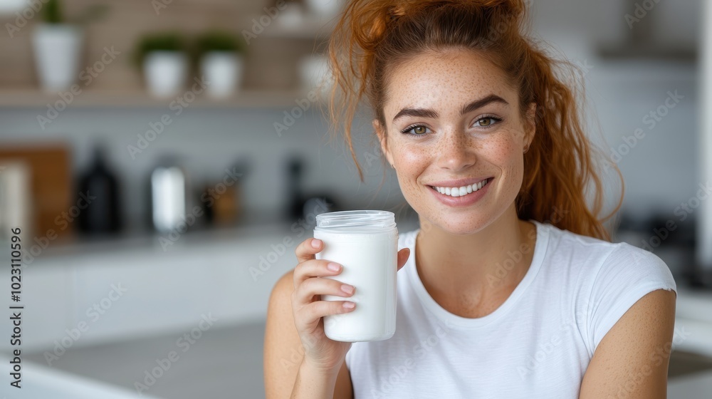 A smiling young woman holding a glass of milk in a kitchen setting, embracing a bright and nurturing atmosphere that celebrates health and wellness. A smiling young woman holding a glass of milk in a kitchen setting, embracing a bright and nurturing atmosphere that celebrates health and wellness.