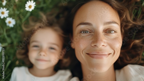 A heartwarming close-up of a mother and daughter surrounded by dappled light and daisies, emphasizing their connection and the beauty of nature.