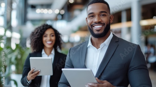 A man and woman in business suits smiling while holding tablets in a bright urban office, showcasing teamwork, confidence, and the modern corporate environment.