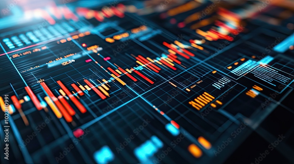 Abstract financial data visualization with bright colors and digital graphs illustrating market trends and analytics.