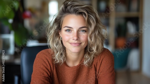 A stylish woman with naturally wavy hair, seated in a relaxed pose at her workspace. The environment suggests creativity and inspiration in a cozy setting.