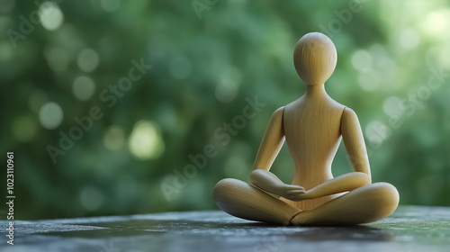 A wooden mannequin in a lotus pose, symbolizing yoga and mindfulness