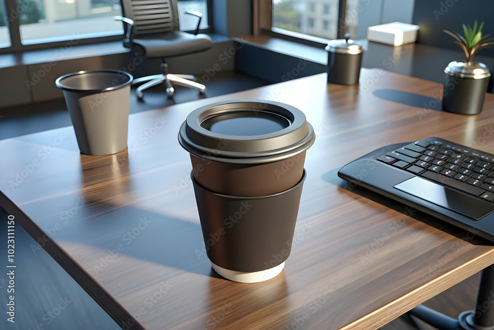 High Angle Shot of Glossy Coffee Cup on Polished Desk with Marketing Officer Setup in Background - Professional Creative Marketing Environment High Angle Shot of Glossy Coffee Cup on Polished Desk with Marketing Officer Setup in Background - Professional Creative Marketing Environment