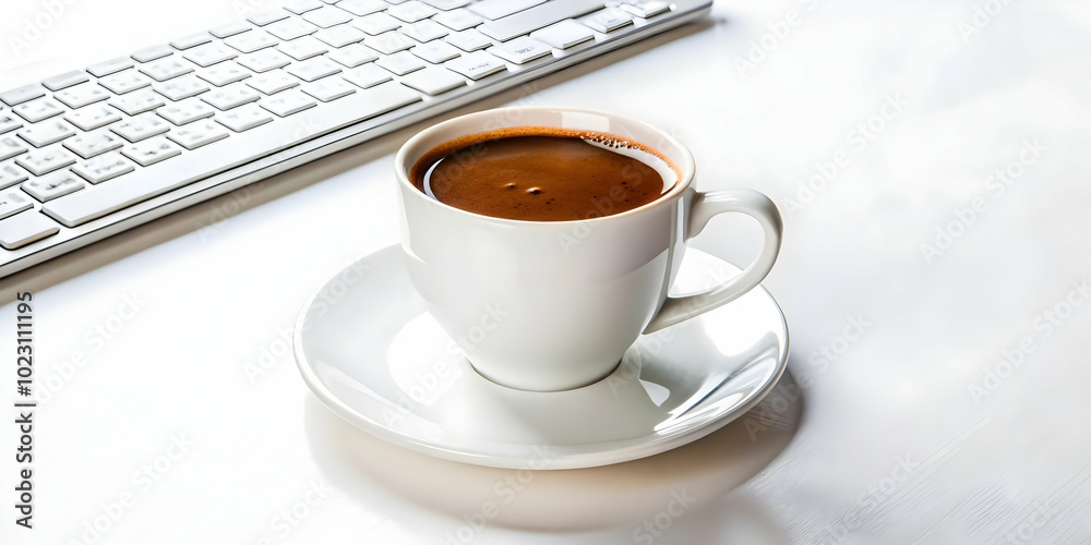 3D Glossy Coffee Cup on Polished Desk with Marketing Officer's Setup - High Angle Shot for Creative Environments 3D Glossy Coffee Cup on Polished Desk with Marketing Officer's Setup - High Angle Shot for Creative Environments