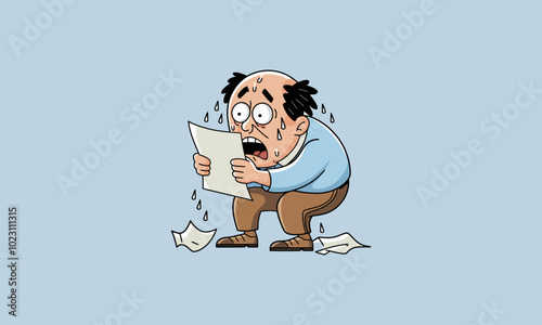 Cartoon man sweating nervously while reading a paper.