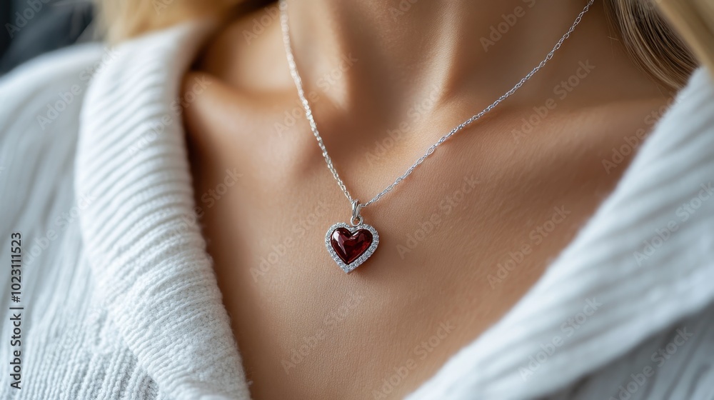 A woman elegantly displaying a red heart pendant necklace against a white background, emphasizing a blend of sophistication and warmth in style. A woman elegantly displaying a red heart pendant necklace against a white background, emphasizing a blend of sophistication and warmth in style.