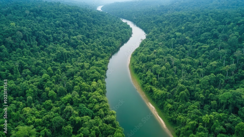 Aerial view of a winding river surrounded by lush green forest. Serene nature landscape full of life and vibrant colors. Aerial view of a winding river surrounded by lush green forest. Serene nature landscape full of life and vibrant colors.