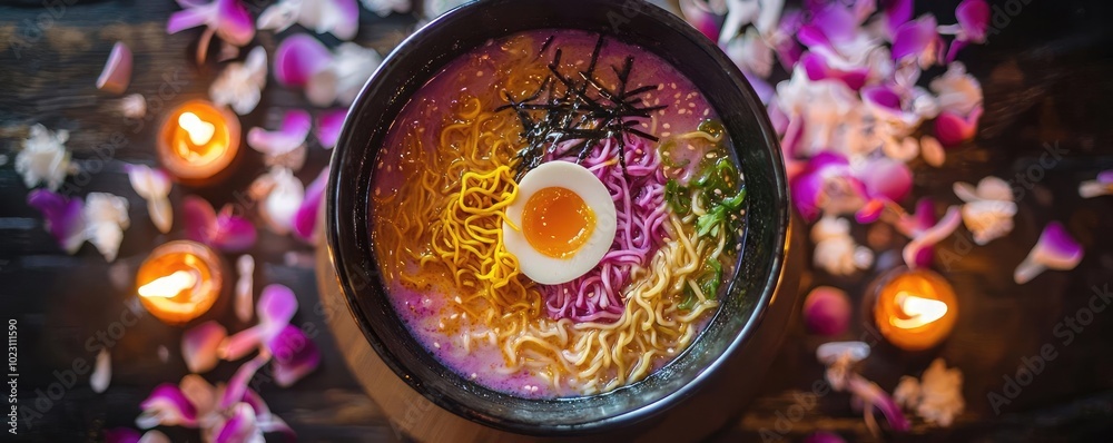 A vibrant bowl of ramen with colorful toppings, surrounded by candles and flower petals, creating a serene dining atmosphere. A vibrant bowl of ramen with colorful toppings, surrounded by candles and flower petals, creating a serene dining atmosphere.