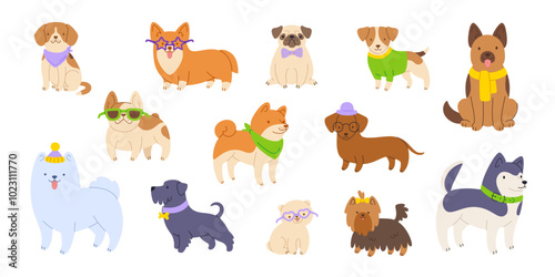 Cute vector dogs set. Cartoon dressed vector puppies collection. Dog breeds bundle.