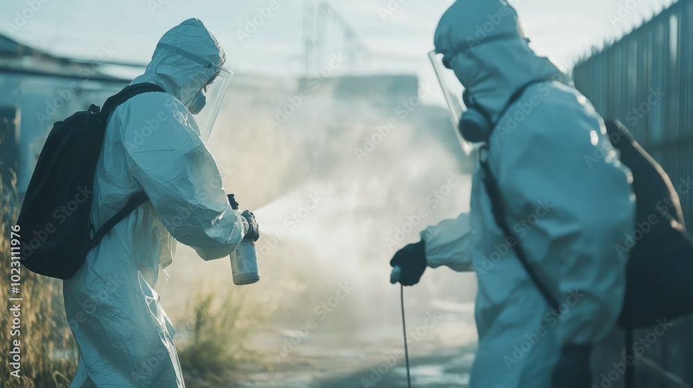 Hazmat-suited professionals decontaminating a site, carefully spraying chemicals. Hazmat-suited professionals decontaminating a site, carefully spraying chemicals.