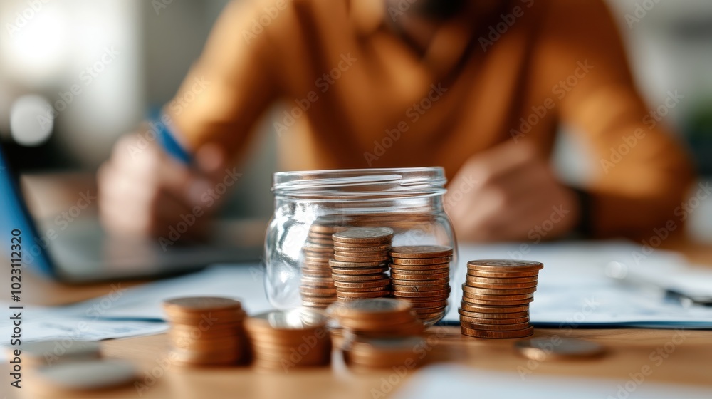 A glass jar filled with coins sits on a table, representing savings or financial planning, with a blurred figure in the background working on documents. A glass jar filled with coins sits on a table, representing savings or financial planning, with a blurred figure in the background working on documents.