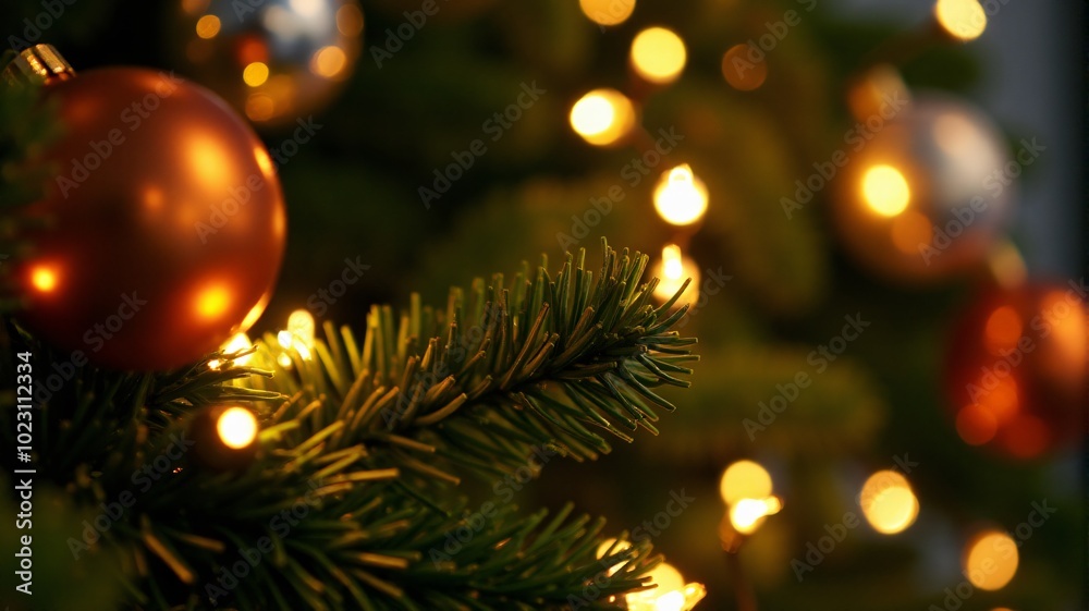 Close-up of Christmas garland with golden fairy lights and ornaments. Close-up of Christmas garland with golden fairy lights and ornaments.