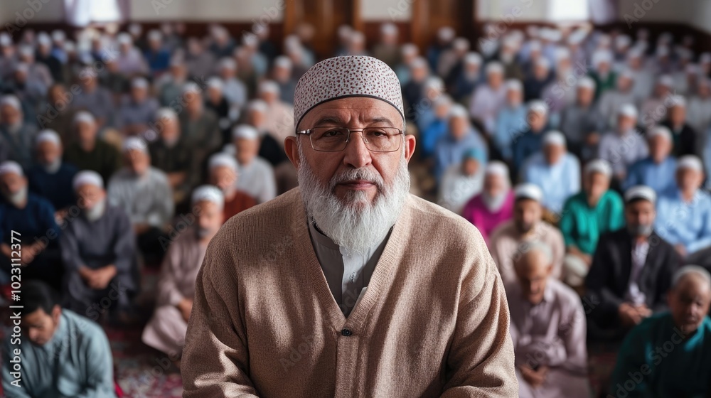 An elderly man leads a congregation in prayer, highlighting community and faith in a serene atmosphere. An elderly man leads a congregation in prayer, highlighting community and faith in a serene atmosphere.