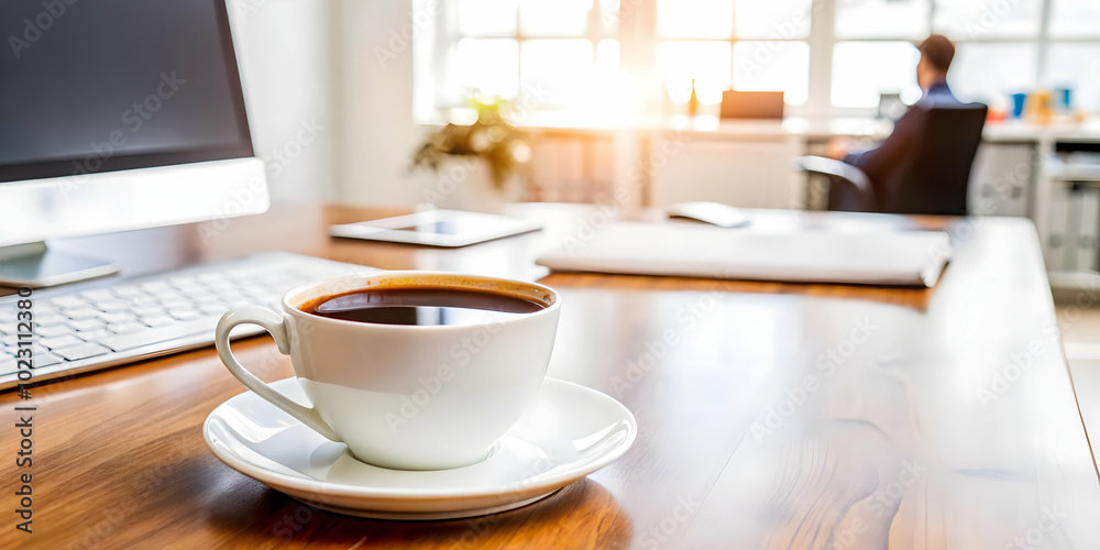 High Angle Shot of Glossy Coffee Cup on Polished Desk with Professional Marketing Officer Setup in Background - Ideal for Creative Environments and Stock Photography High Angle Shot of Glossy Coffee Cup on Polished Desk with Professional Marketing Officer Setup in Background - Ideal for Creative Environments and Stock Photography