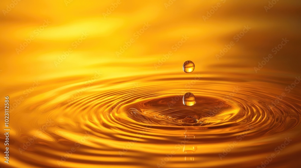 Droplet creates ripples in golden liquid, under warm lighting Droplet creates ripples in golden liquid, under warm lighting