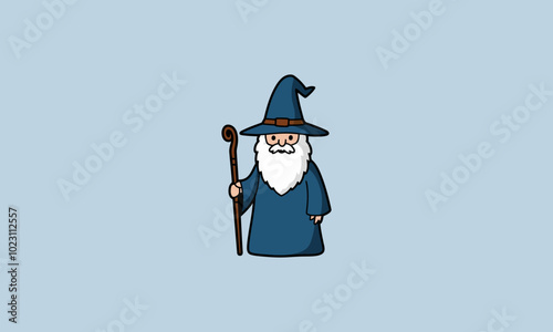 Cartoon wizard in blue robes holding a staff, smiling.