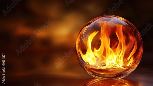 Fiery flames contained within transparent glass sphere, glowing intensely