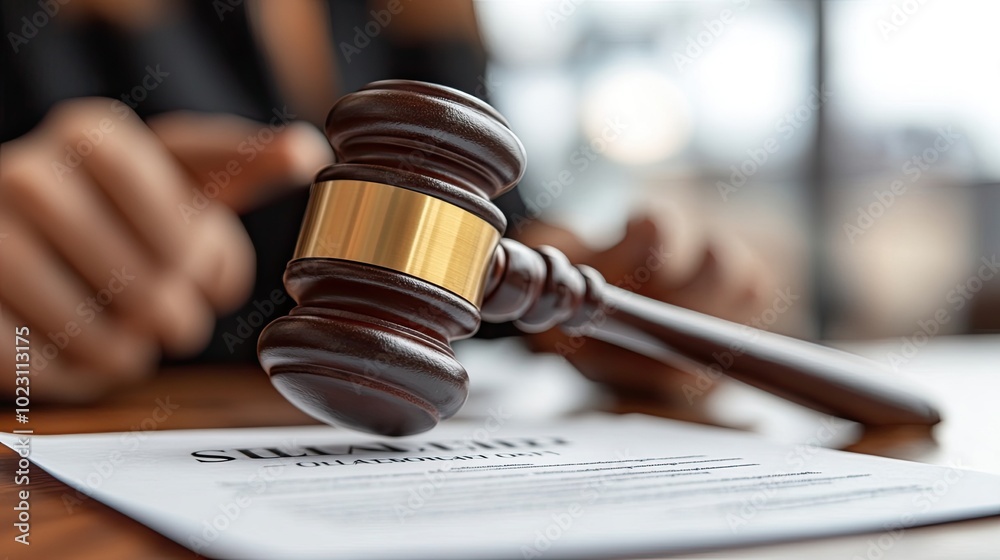 Gavel about to strike paper. This image represents legal action, justice, and finality in a legal proceeding. Gavel about to strike paper. This image represents legal action, justice, and finality in a legal proceeding.