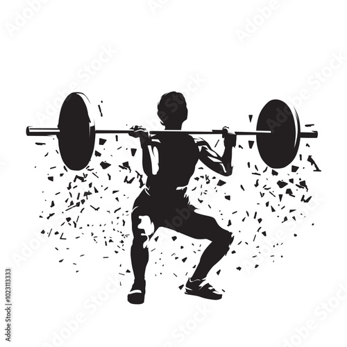 Woman doing squats with a large barbell. Workout in gym. Weight ligting, abstract isolated vector silhouette