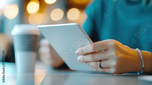 Hands of an individual holding a tablet, with a coffee cup nearby, depicting a scene of modern technology mingling with traditional beverage culture.