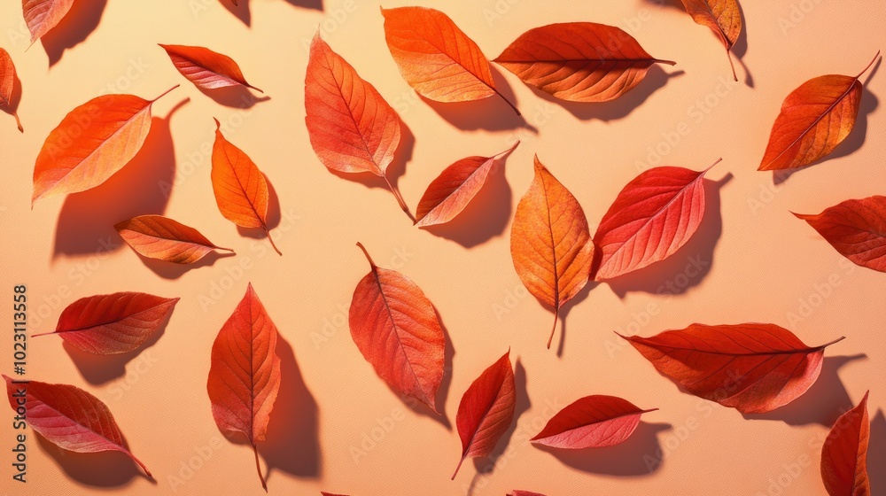 Obraz premium Pattern of overlapping orange and red autumn leaves on peach backdrop, gentle shadows.