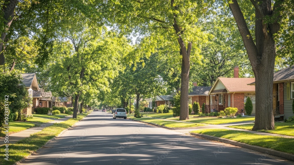 A clean, quiet residential street with small homes, trees, and minimal cars, evoking a sense of order, peace, and balance with nature.