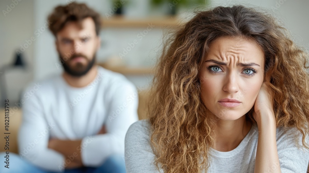 A young woman with curled hair looks distraught while sitting in front of a blurred man in a domestic setting, suggesting a challenging emotional interaction. A young woman with curled hair looks distraught while sitting in front of a blurred man in a domestic setting, suggesting a challenging emotional interaction.