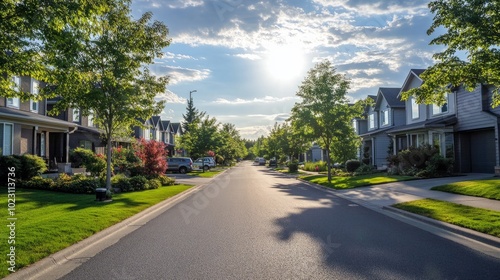 Fototapeta Naklejka Na Ścianę i Meble -  A clean, quiet residential street with small homes, trees, and minimal cars, evoking a sense of order, peace, and balance with nature.