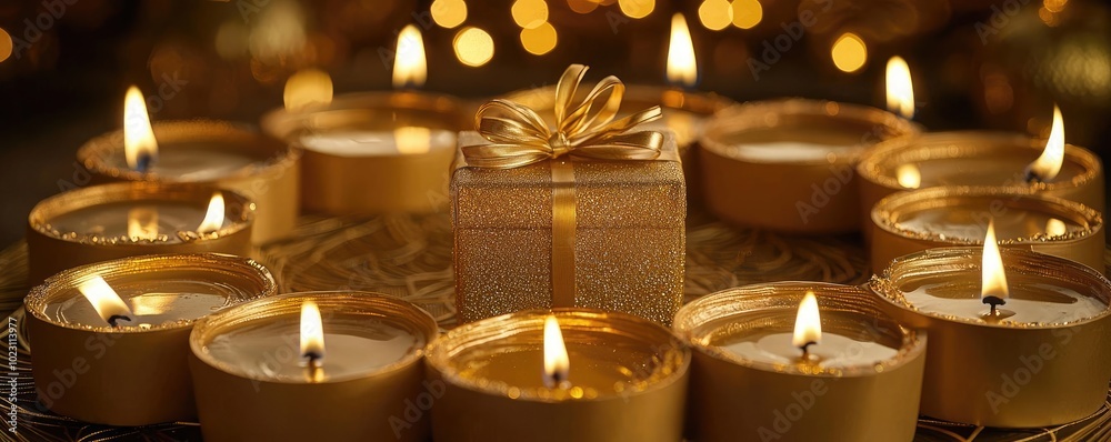 A serene arrangement of glowing candles surrounding a beautifully wrapped gift, perfect for a cozy celebration. A serene arrangement of glowing candles surrounding a beautifully wrapped gift, perfect for a cozy celebration.