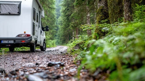 Wallpaper Mural A white campervan travels slowly along a muddy path in a lush green forest, showcasing a serene and adventurous outdoor setting under cloudy skies. Torontodigital.ca