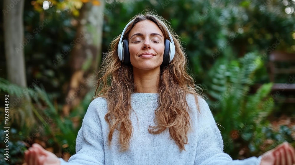A woman wearing headphones meditates in a lush green outdoor setting, eyes closed, embracing tranquility and peace, capturing a moment of harmony with nature.
