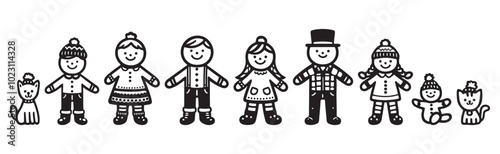Black and white gingerbread  family set. Funny smiling children, parents in winter clothes. Includes cat and dog wearing festive hats. Simple vector illustration in hand drawn style.