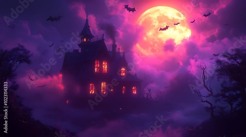 A haunted house illustration, cartoon style, glowing windows, surrounded by swirling fog and flying bats, under a large, bright full moon. Crooked trees and dark shadows fill the background.