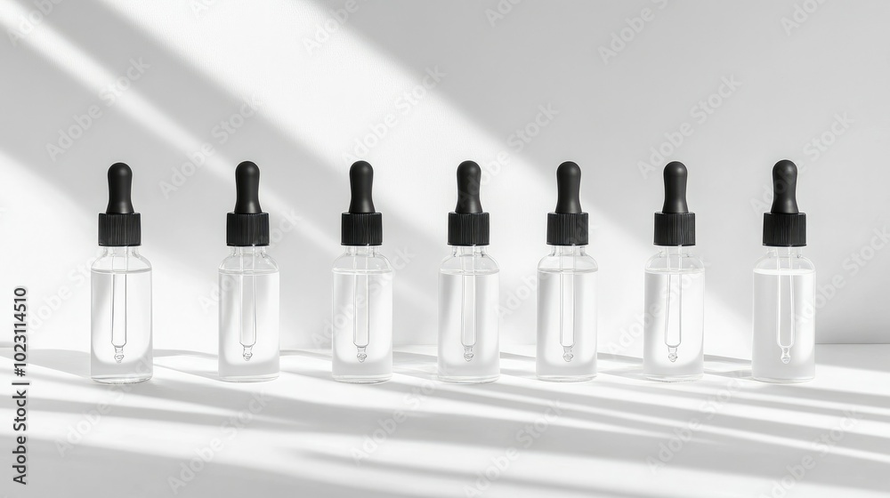 Set of glass serum bottles with droppers on a white surface, minimalistic and clean design.