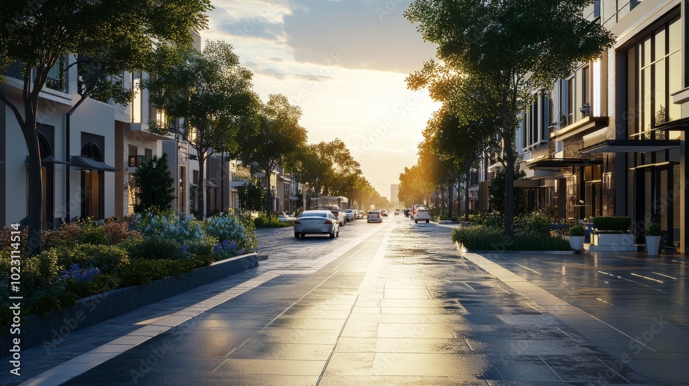 A quiet urban street at dawn, with minimal traffic, well-maintained greenery, and clean public spaces, reflecting a peaceful, orderly city design A quiet urban street at dawn, with minimal traffic, well-maintained greenery, and clean public spaces, reflecting a peaceful, orderly city design