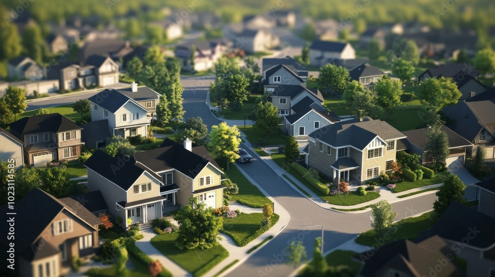 A suburban area with low-rise homes, green lawns, and quiet streets, emphasizing tranquility and order in urban design. A suburban area with low-rise homes, green lawns, and quiet streets, emphasizing tranquility and order in urban design.