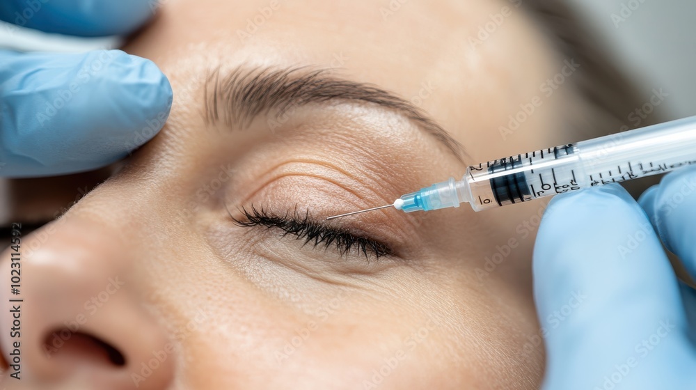 The image depicts a focused cosmetic procedure, emphasizing precision as a medical professional administers an injection on a patient's closed eyelid carefully. The image depicts a focused cosmetic procedure, emphasizing precision as a medical professional administers an injection on a patient's closed eyelid carefully.