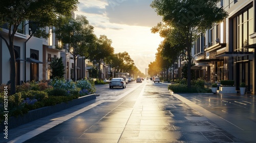 A quiet urban street at dawn, with minimal traffic, well-maintained greenery, and clean public spaces, reflecting a peaceful, orderly city design