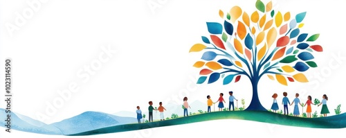 Tree planting event, diverse community, environmental initiative, Watercolor style