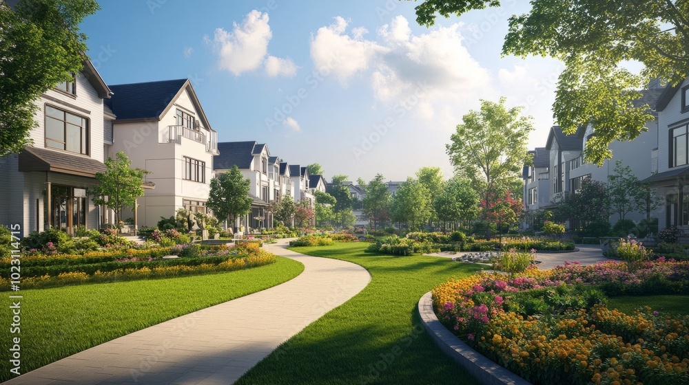 Fototapeta premium A suburban area with low-rise homes, green lawns, and quiet streets, emphasizing tranquility and order in urban design.