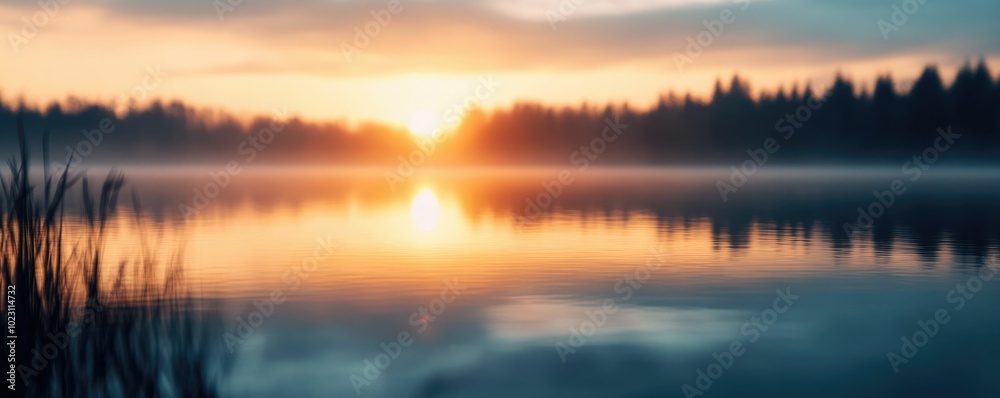 Obraz premium Breathtaking sunrise reflection on a serene and tranquil lake creating a mesmerizing and symmetrical mirrored effect that symbolizes the beauty of nature and the promise of new beginnings