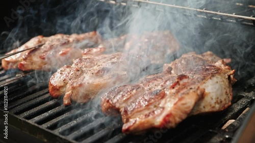 Juicy, seasoned meat grilling on a barbecue with rising smoke and professional cooking utensils.