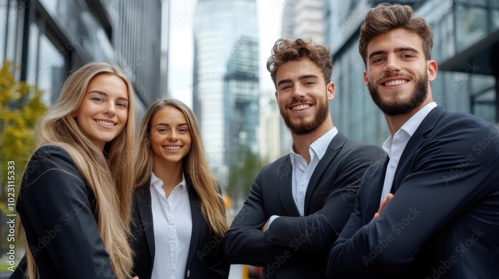 A group of smiling young professionals in business attire stand confidently against a modern cityscape, showcasing corporate camaraderie and success. A group of smiling young professionals in business attire stand confidently against a modern cityscape, showcasing corporate camaraderie and success.