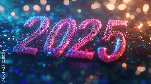 Sparkling "2025" with festive elements, confetti and lights for New Year Eve.